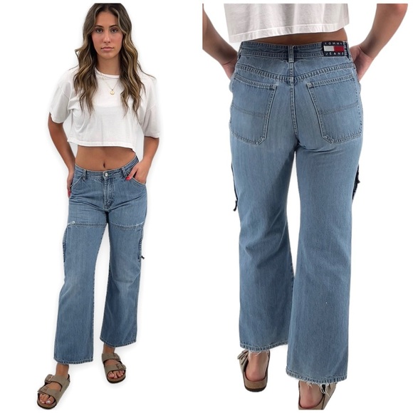 Vintage 2002 Tommy Hilfiger Cargo Jeans Distressed Medium Wash Blue Boys 18 2/4 - Picture 2 of 16